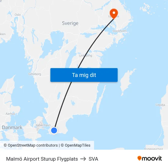 Malmö Airport Sturup Flygplats to SVA map