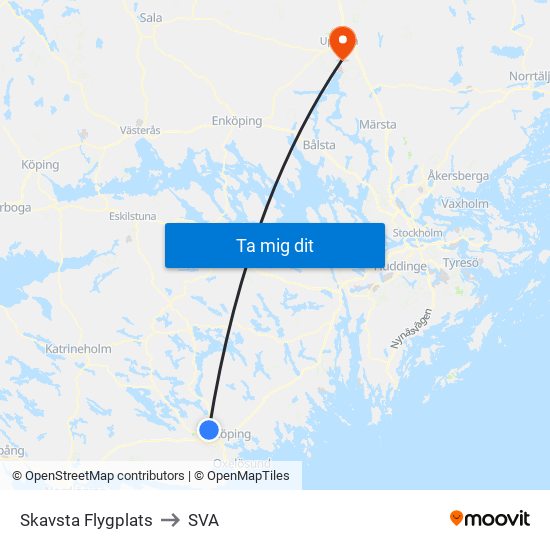 Skavsta Flygplats to SVA map