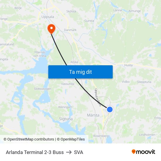 Arlanda Terminal 2-3 Buss to SVA map