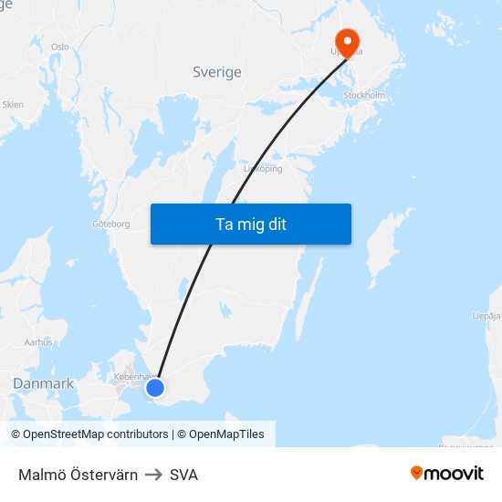 Malmö Östervärn to SVA map