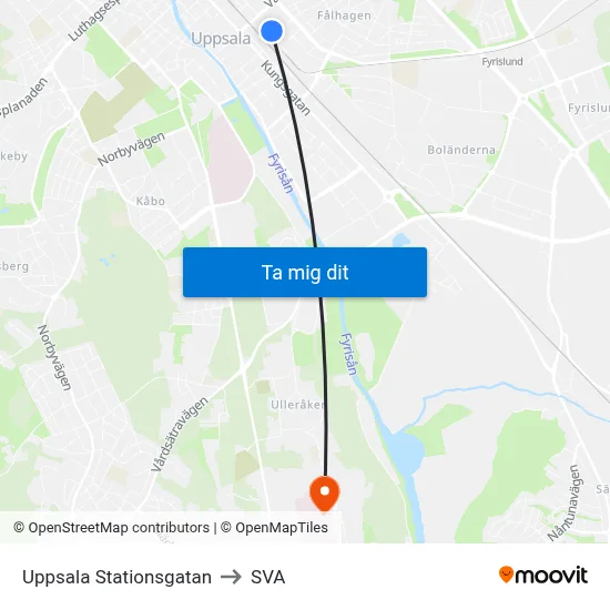 Uppsala Stationsgatan to SVA map