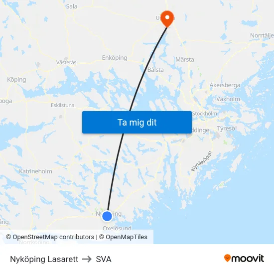 Nyköping Lasarett to SVA map