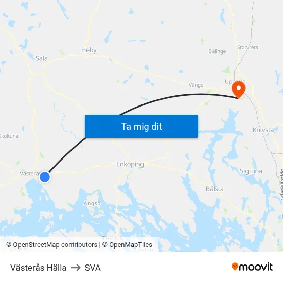 Västerås Hälla to SVA map