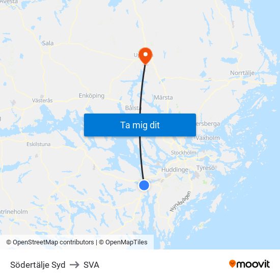 Södertälje Syd to SVA map