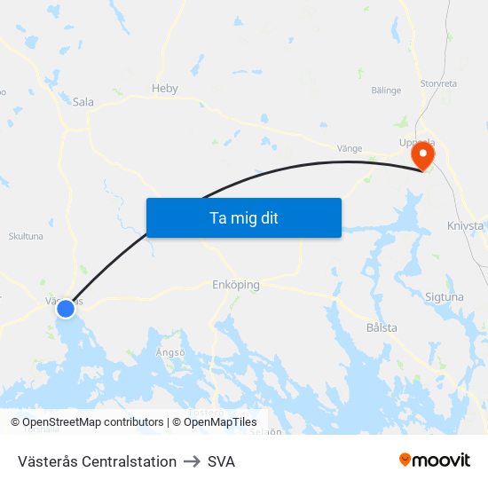 Västerås Centralstation to SVA map