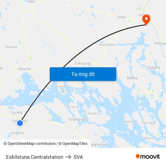 Eskilstuna Centralstation to SVA map