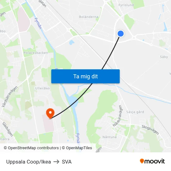 Uppsala Coop/Ikea to SVA map