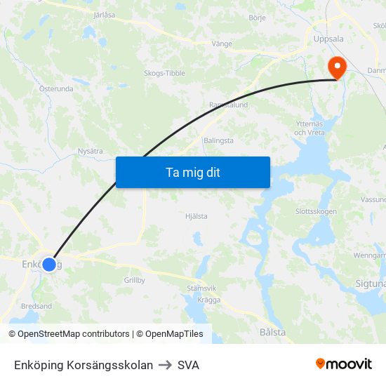 Enköping Korsängsskolan to SVA map