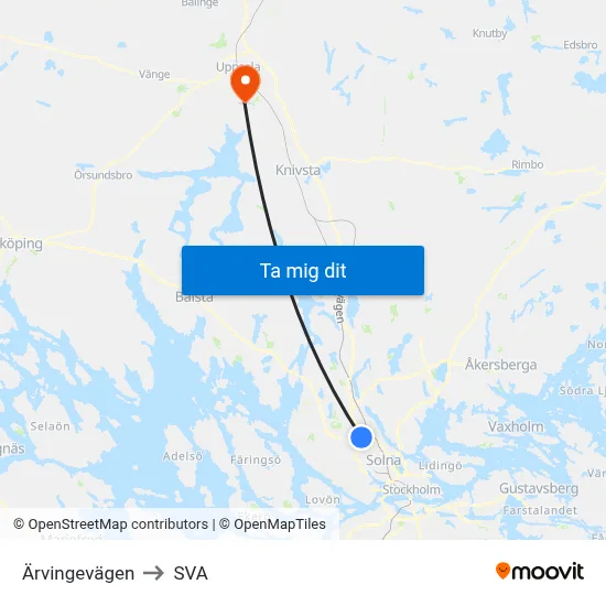 Ärvingevägen to SVA map