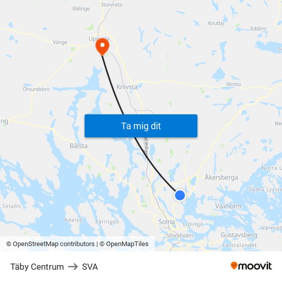 Täby Centrum to SVA map