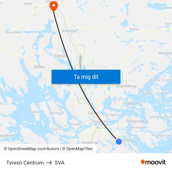 Tyresö Centrum to SVA map