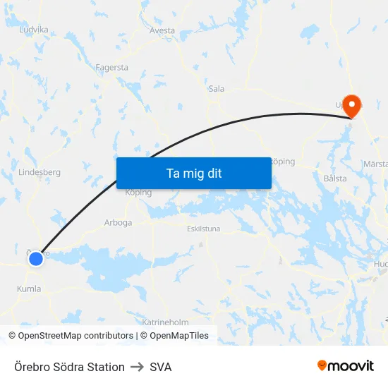 Örebro Södra Station to SVA map