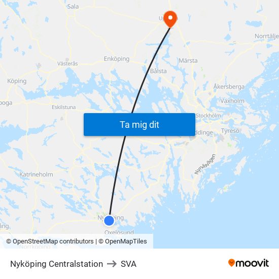 Nyköping Centralstation to SVA map