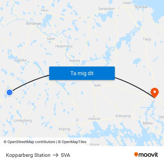 Kopparberg Station to SVA map