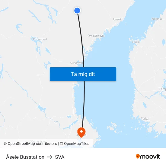 Åsele Busstation to SVA map