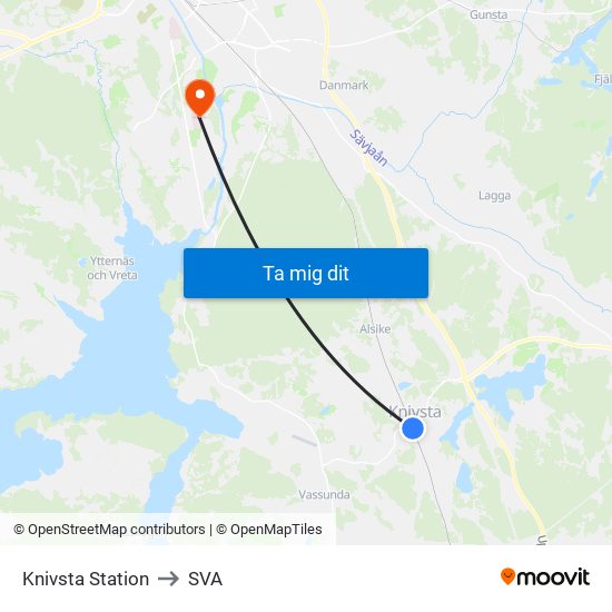 Knivsta Station to SVA map