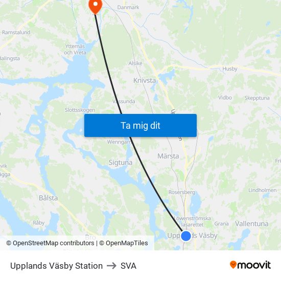 Upplands Väsby Station to SVA map