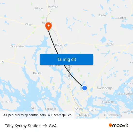 Täby Kyrkby Station to SVA map