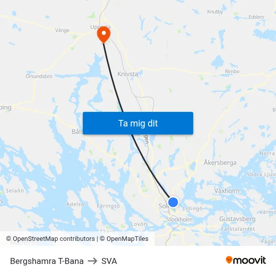 Bergshamra T-Bana to SVA map