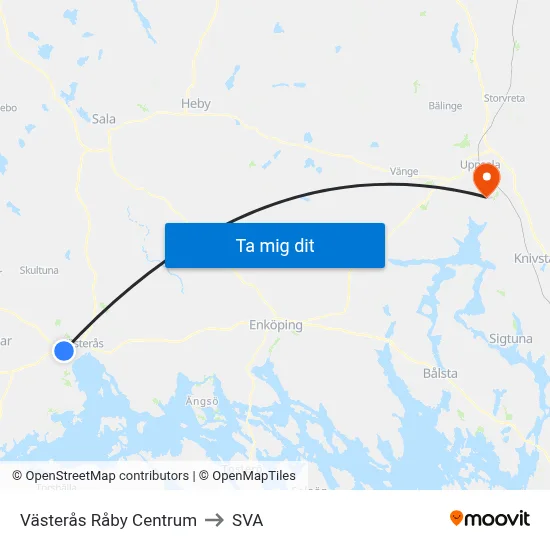 Västerås Råby Centrum to SVA map