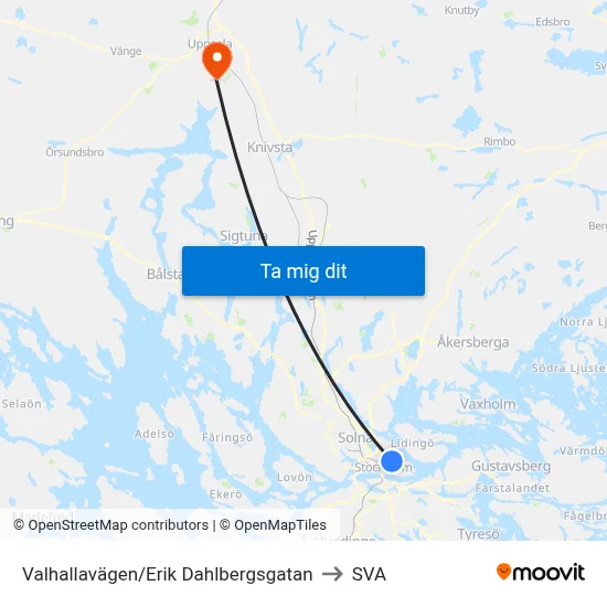 Valhallavägen/Erik Dahlbergsgatan to SVA map