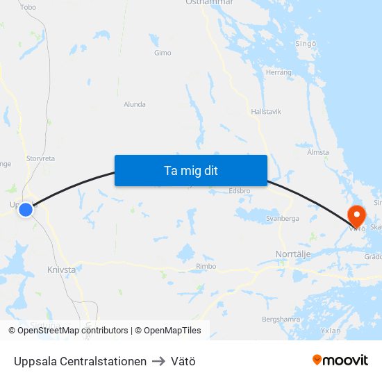 Uppsala Centralstationen to Vätö map