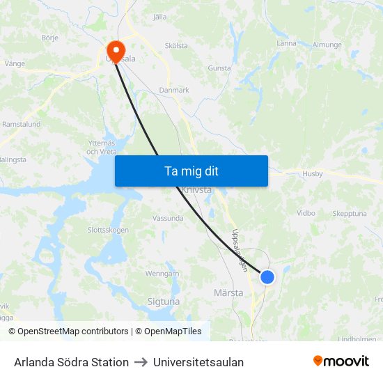Arlanda Södra Station to Universitetsaulan map