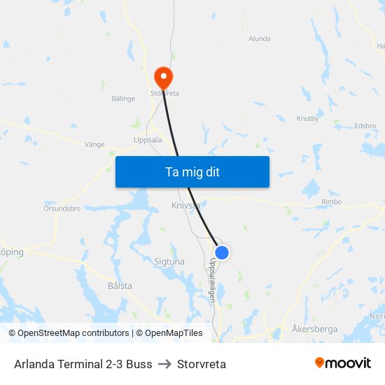 Arlanda Terminal 2-3 Buss to Storvreta map