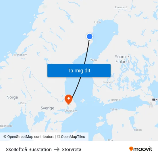 Skellefteå Busstation to Storvreta map