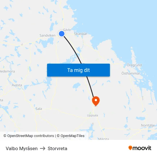 Valbo Myråsen to Storvreta map