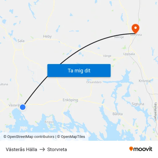 Västerås Hälla to Storvreta map