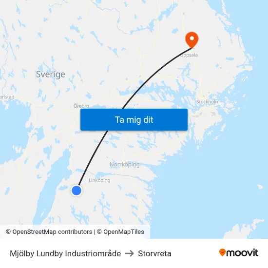 Mjölby Lundby Industriområde to Storvreta map