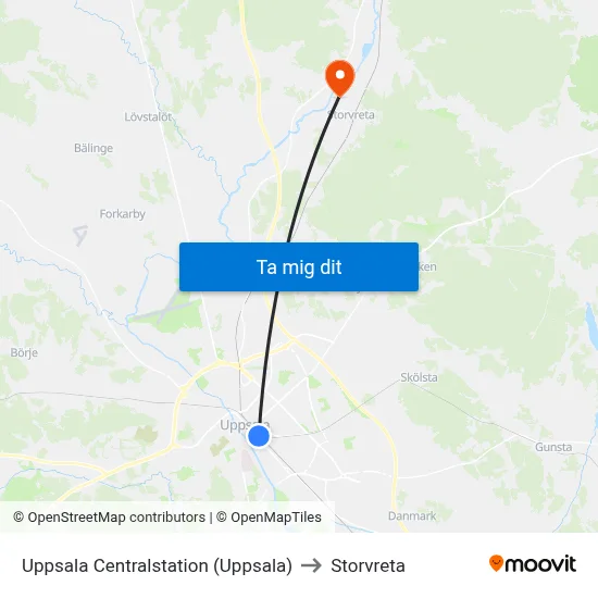 Uppsala Centralstation (Uppsala) to Storvreta map