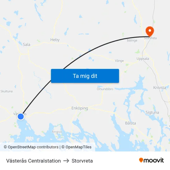 Västerås Centralstation to Storvreta map