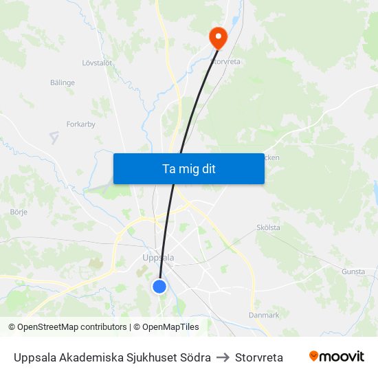 Uppsala Akademiska Sjukhuset Södra to Storvreta map