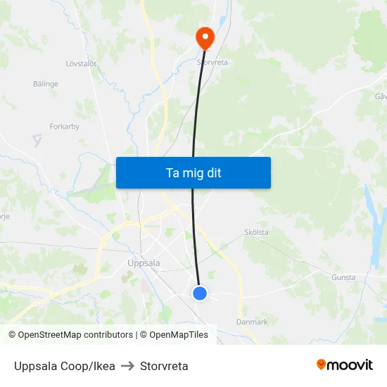 Uppsala Coop/Ikea to Storvreta map