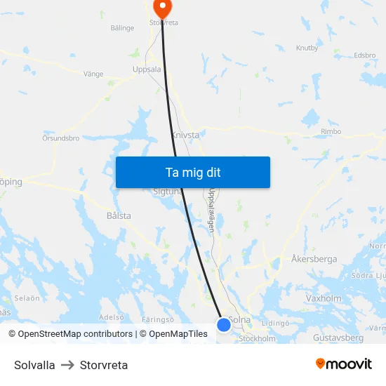 Solvalla to Storvreta map