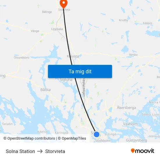 Solna Station to Storvreta map