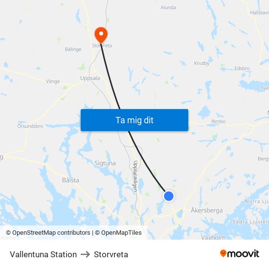 Vallentuna Station to Storvreta map