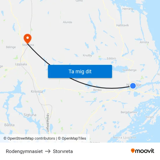 Rodengymnasiet to Storvreta map
