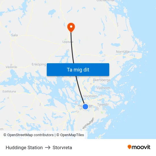 Huddinge Station to Storvreta map