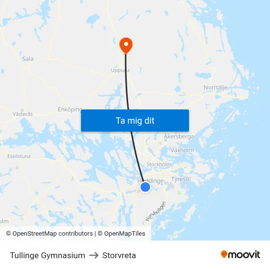 Tullinge Gymnasium to Storvreta map