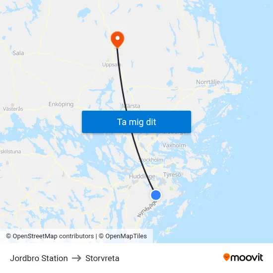 Jordbro Station to Storvreta map