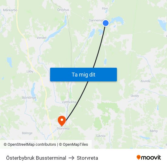 Österbybruk Bussterminal to Storvreta map