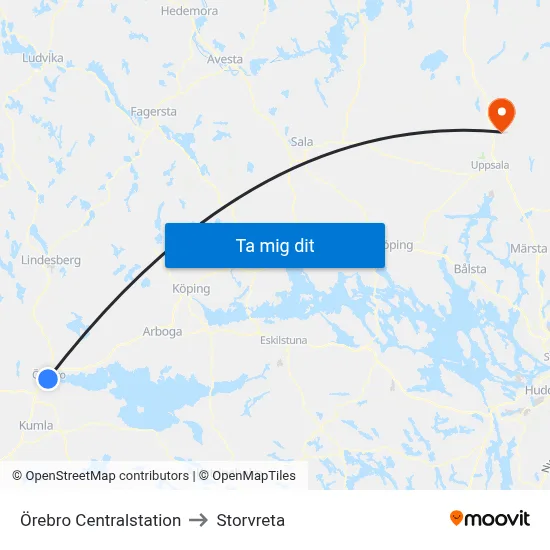 Örebro Centralstation to Storvreta map