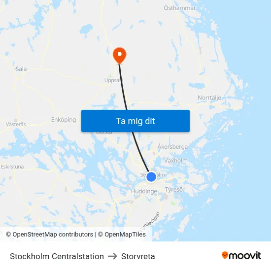 Stockholm Centralstation to Storvreta map
