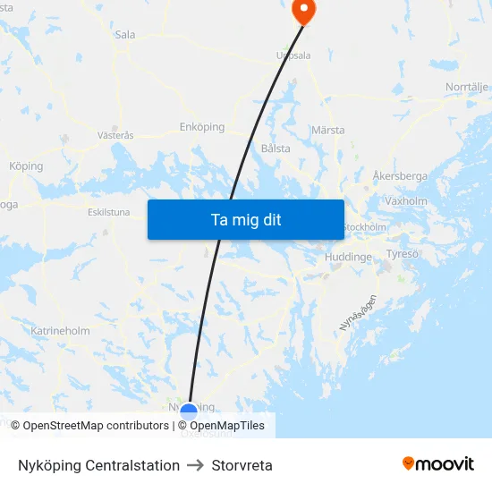 Nyköping Centralstation to Storvreta map
