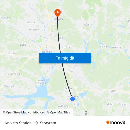 Knivsta Station to Storvreta map