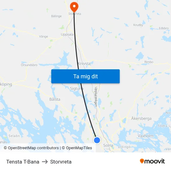 Tensta T-Bana to Storvreta map