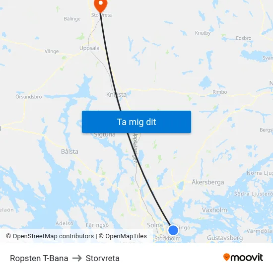 Ropsten T-Bana to Storvreta map